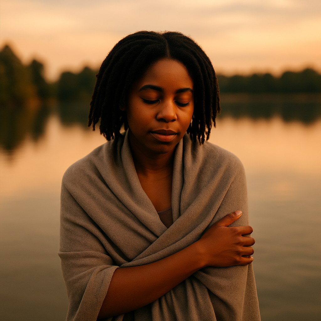 A young African-American woman stands peacefully by a lake at sunset, wrapped in a soft gray shawl. Her eyes are closed and her expression is serene, reflecting quiet strength and stillness as golden light dances on the water behind her
