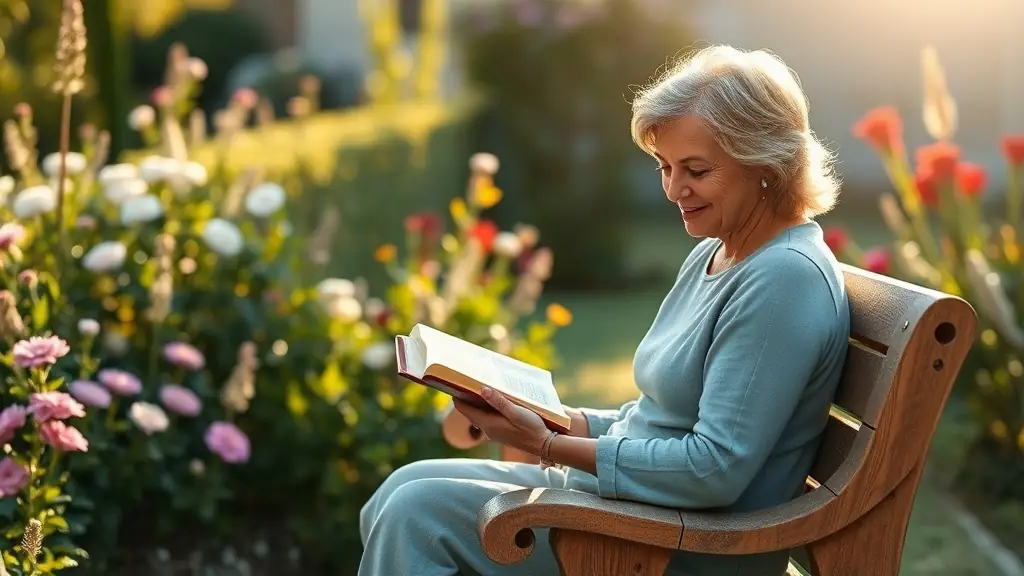 A woman sitting on a park bench reading a bible with sunlight streaming through the trees.