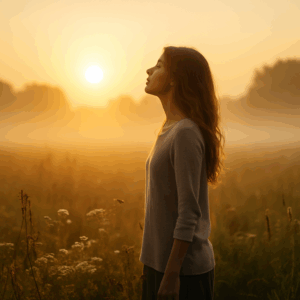 A peaceful Christian woman stands at sunrise in a golden field, eyes closed and embraced by morning light. A reflective and hope-filled image for devotional or faith blog posts