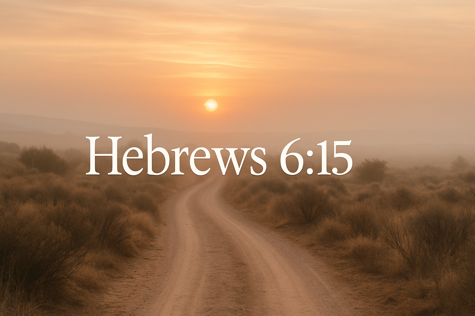 A winding dirt road stretches into the golden glow of sunrise, framed by soft desert brush and quiet hills. The words “Hebrews 6:15” rest gently at the center, symbolizing the beauty of enduring faith and the promise that still waits ahead.